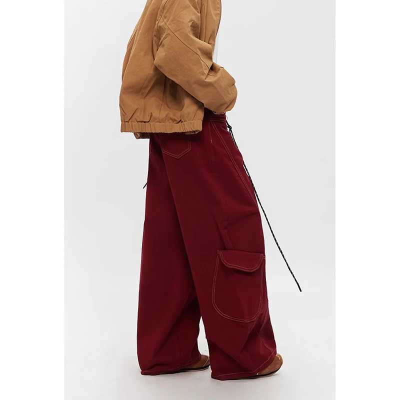 American Retro 2000s High Waist Length Red Jeans with Pockets Hip-hop Baggy Cargo Pants Mens Casual Y2K Grunge Street Denim Trouser X250625