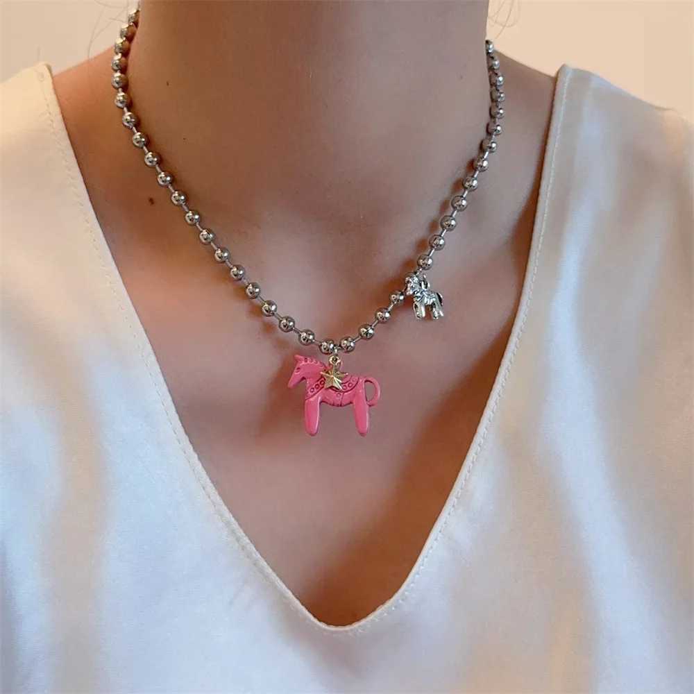 LATS White Black Green Blue Pink Color Enamel Colt Horse Pendant Necklaces for Women Silver Plated Alloy Beads Chain Chokers V250625