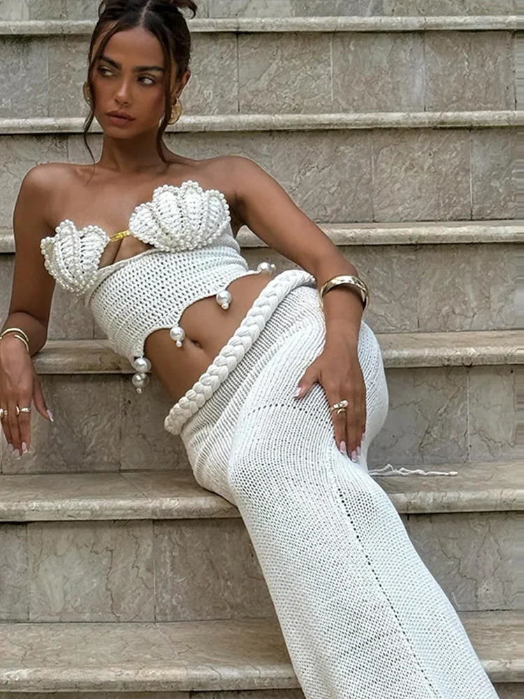 Crochet Knitted Pearl Bra Skirt Women Suit Backless Hollow Out Short Top Twists Long 2025 Summer Beach Holiday Female Set 250616