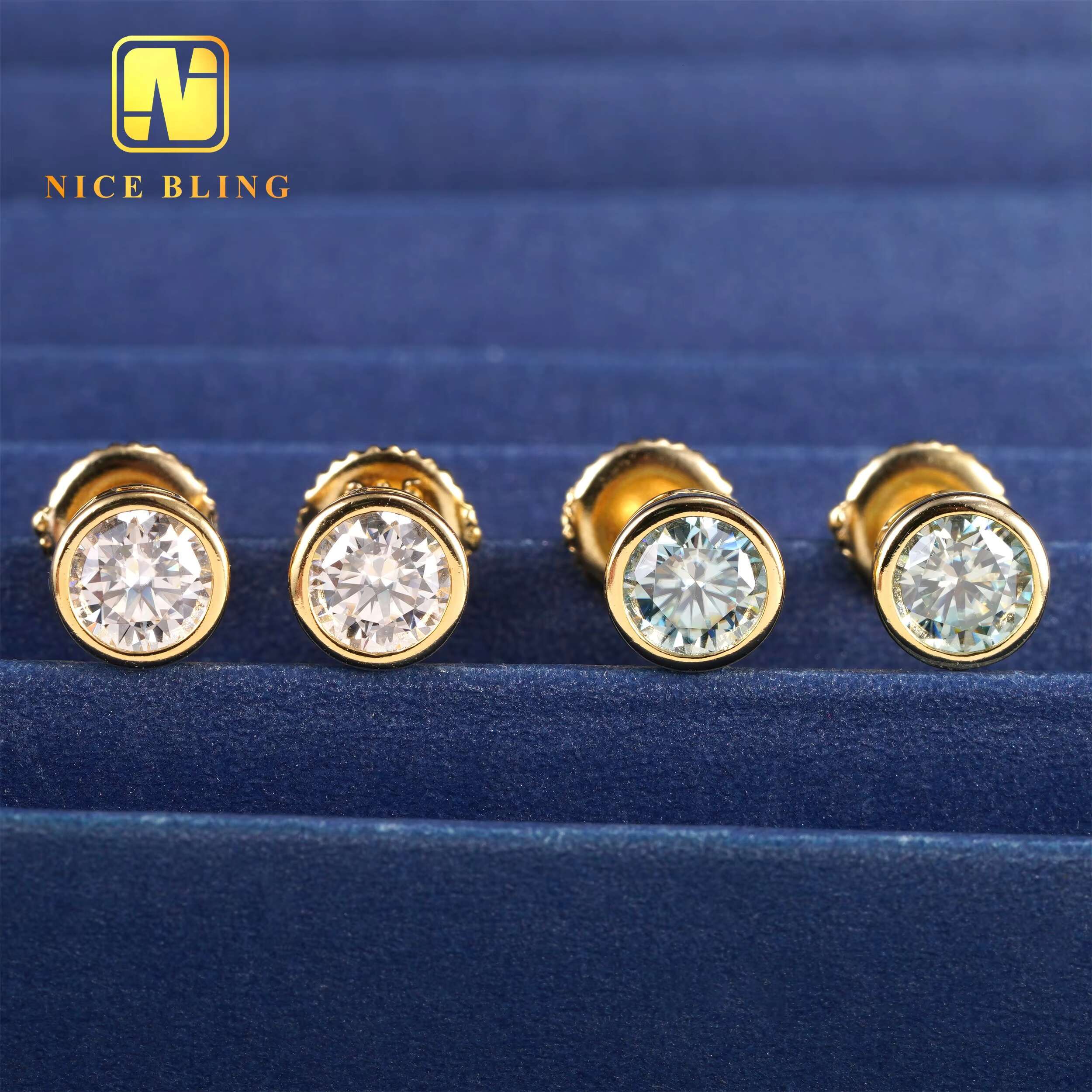 Bezel Setting Blue Green Moissanite Diamond Earrings 18K Gold Plated Silver Jewelry Hip Hop 6mm Ear Studs