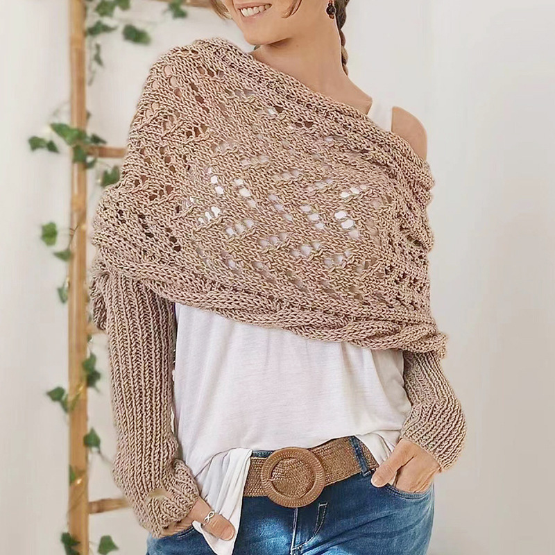 K1133 New cross-border autumn and winter long shawl knitted high-grade hollow extended double-sleeved shawl outerwear for women
