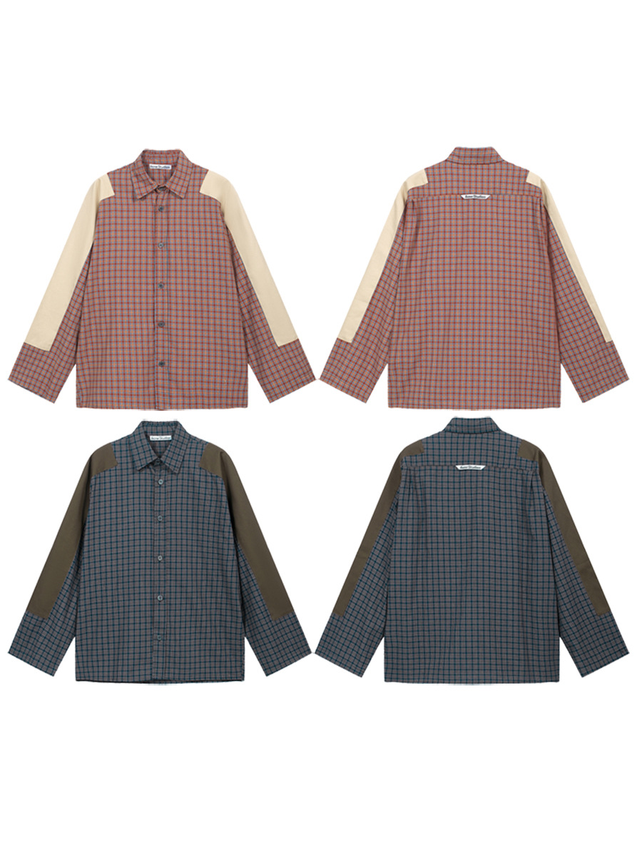 Harajuku Patch Contrast Color Checkered Shirts for Men and Women Turn-down Collar Oversized Casual Long Sleeve Fall Plaid Shirt