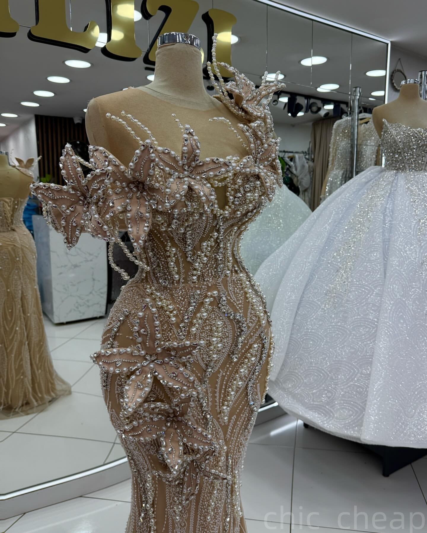 Champagne Mermaid Prom Dresses 2025 Illusion Crystals Pearls Flowers Evening Formal Party Second Birthday Engagement Gowns Plus Size Dress For Special