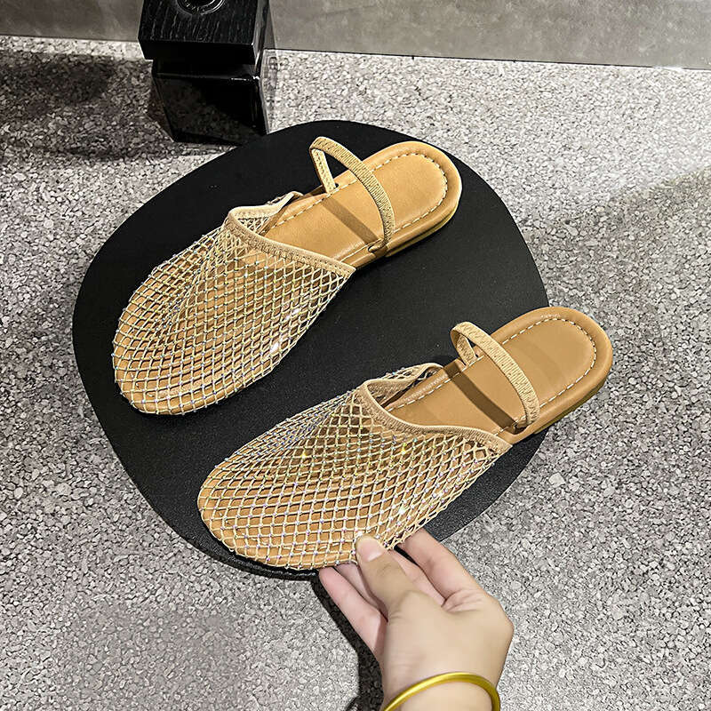 2024 Summer New Large Size Women's Closed-Toe Flat Lazy Slippers Hollow Mesh Woven