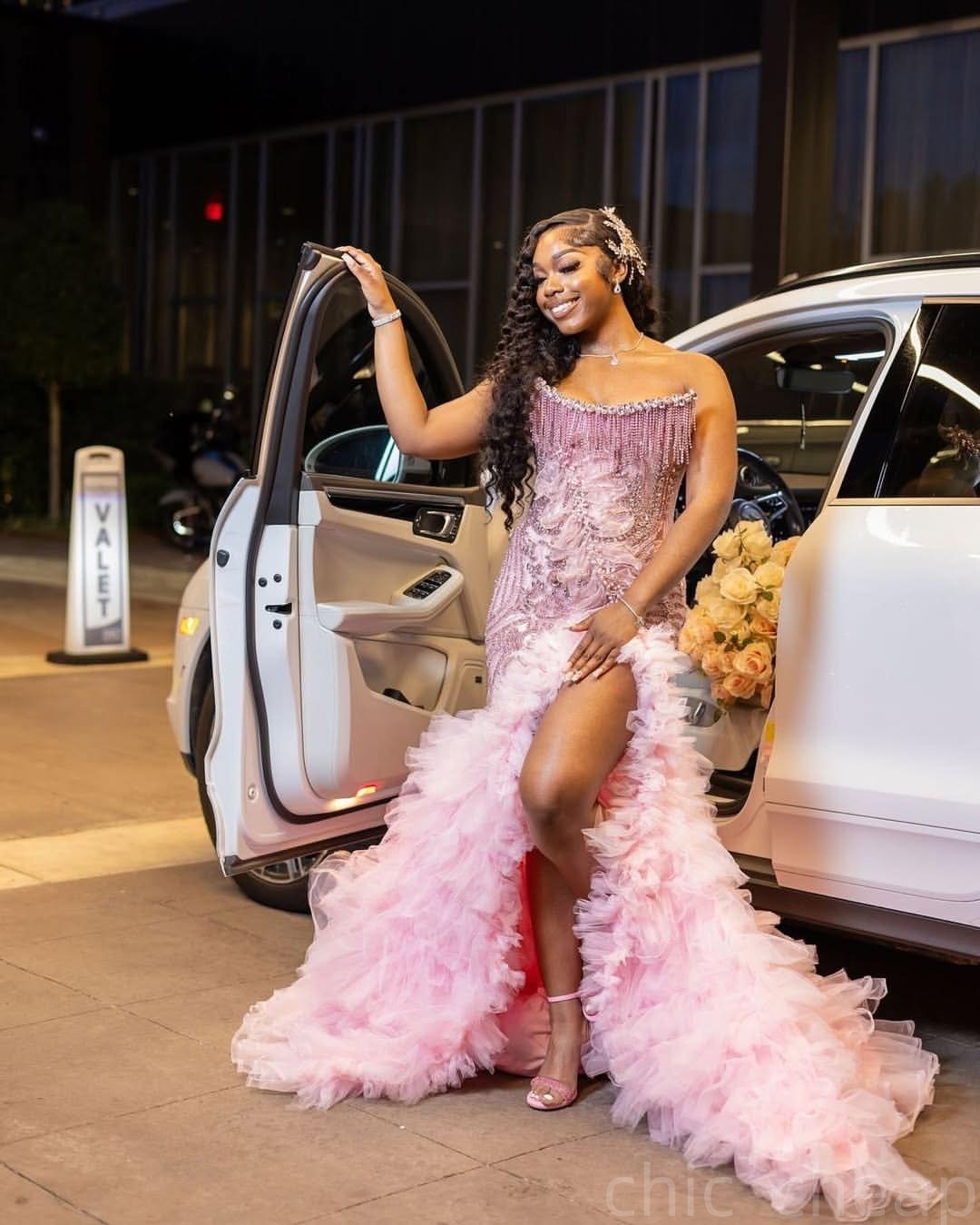 Pink Mermaid Prom Dresses 2025 Florals Crystals Tassels Tiers Tulle Evening Formal Party Second Birthday Engagement Gowns Plus Size Dress For Special 