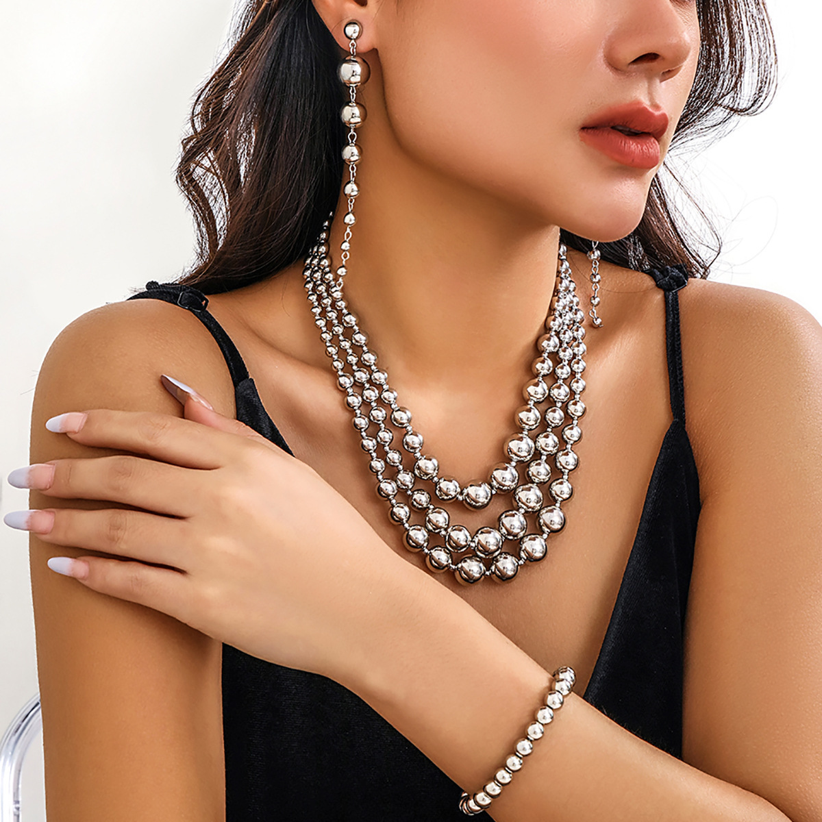 Jewelry Personality Multi-layer Tassel Beaded for Women Exaggerated Metal Plated Geometric Necklace