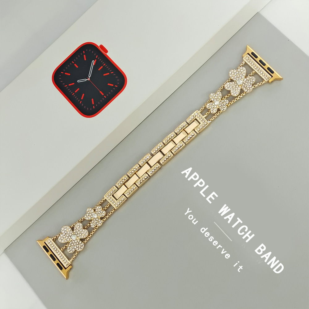 Luxury Fashion Clover Diamond Inlaid Metal Watch Straps for Apple iWatch 9-1 Series