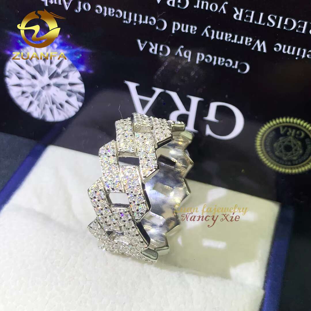 Top Sale Fine Hip Hop Iced Out Jewelry D Color 2 Rows Cuban Link Design VVS Moissanite Men Diamond Ring