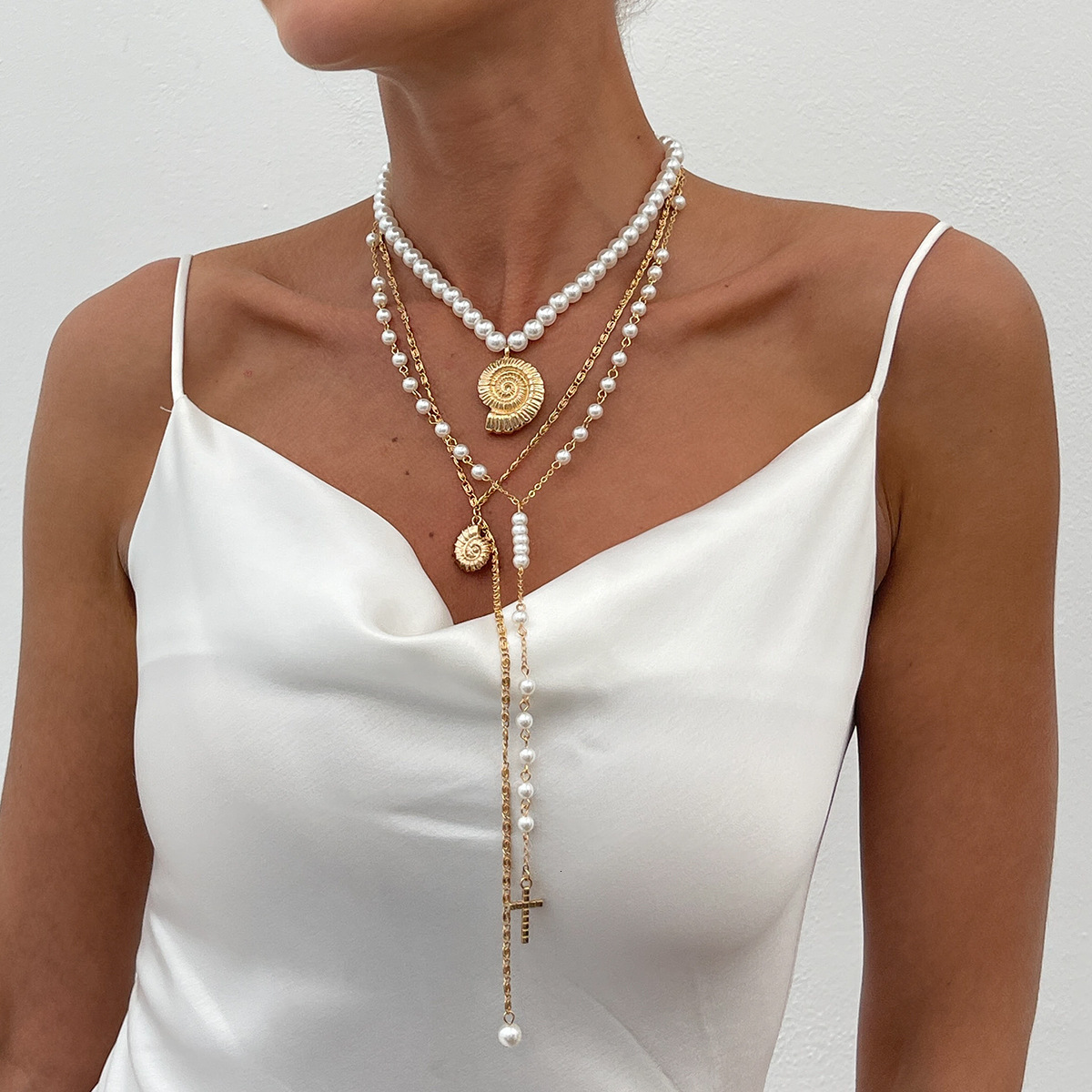 Elegant Long Pearl Y-Shaped Tassel Simple Conch Cross Pendant Layered Necklace