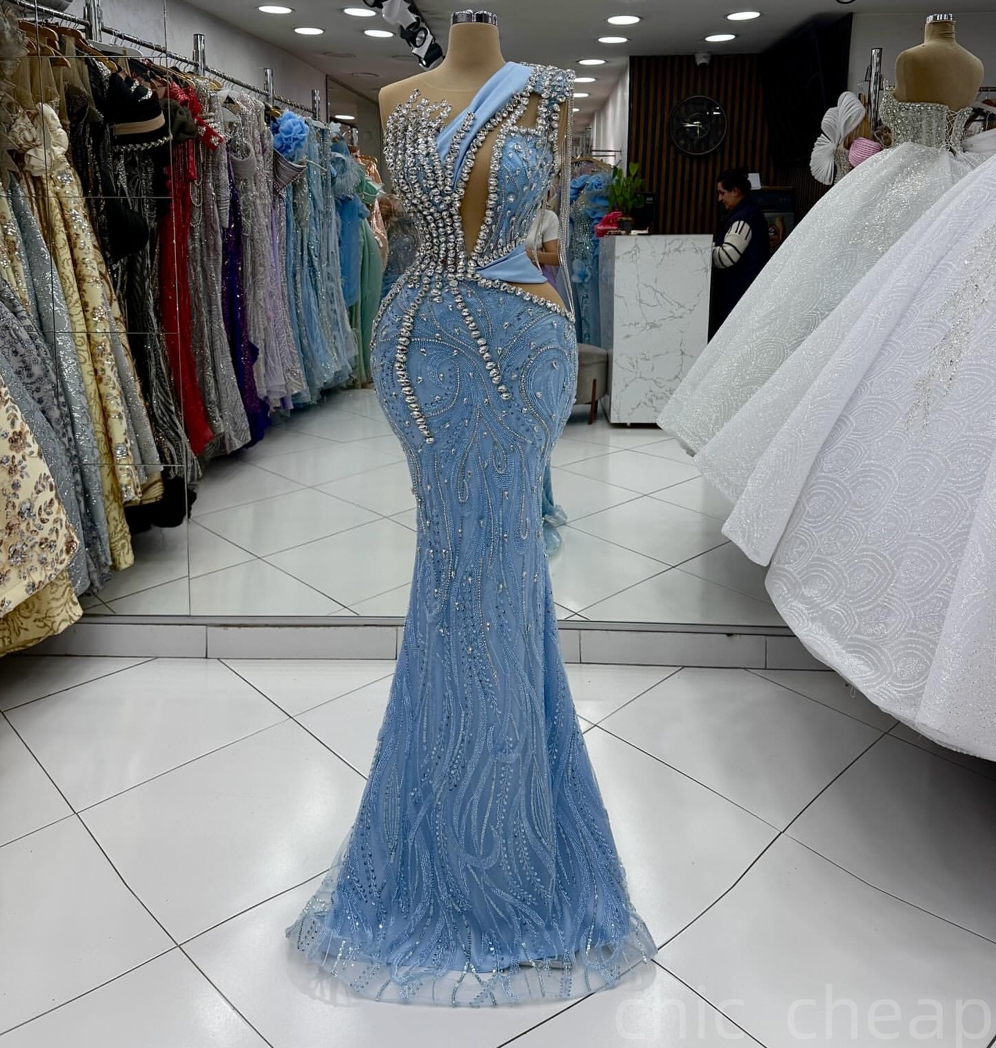 Sky Blue Mermaid Prom Dresses 2025 Rhinestones Sheer Neck Sequined Evening Formal Party Second Birthday Engagement Gowns Plus Size Dress For Special O