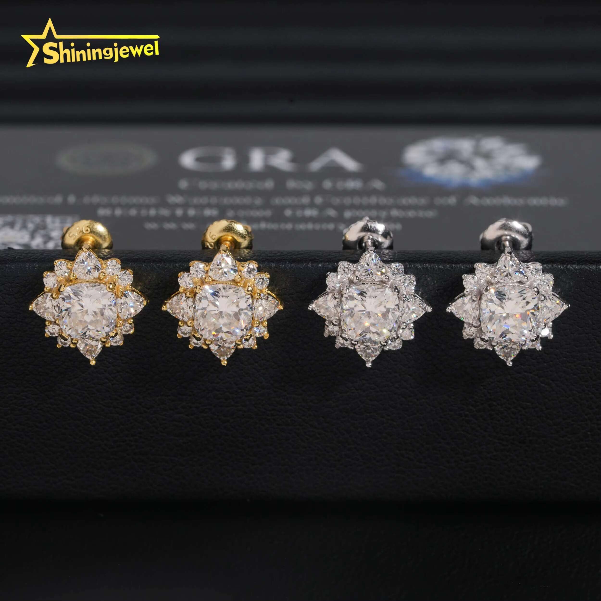 Popular Hip Hop Flower Stud Earrings Simple and Stylish Earring Cushion Cut Moissanite 925 Silver Stud Earrings for Wedding