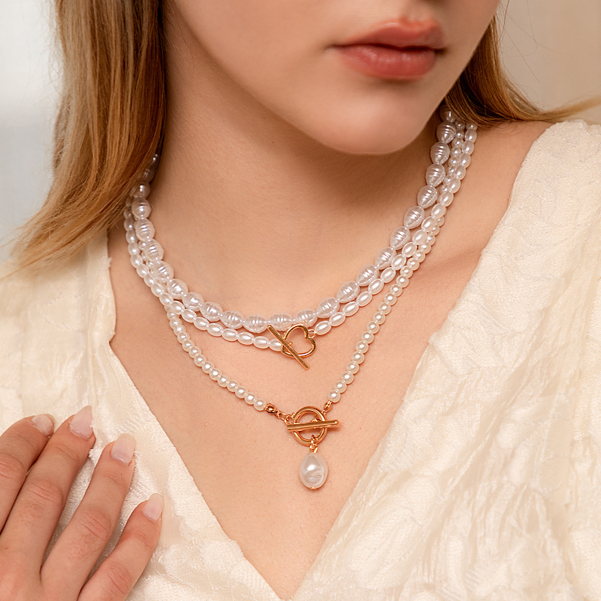 Layered Beaded Heart-Shaped Full Dia French Elegant Multi-Layer Rice-Shaped Imitation Pearl Necklace for Women