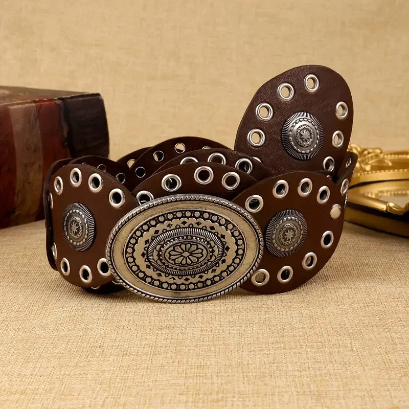 1pc Vintage Style WomenS Faux PU Belt with Oval Rivet Buckle Waistband Vintage Personalized Belts 250618