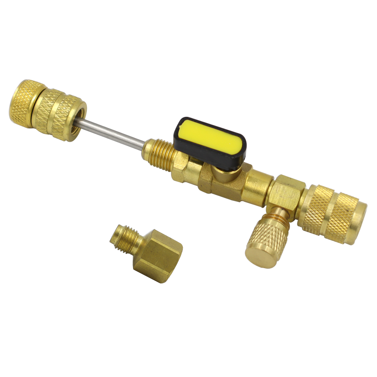 Valve core disassembly and installation tool with dual size SAE 1/4 and 5/16 ports, suitable for R22 R32 R404 R407 R410A