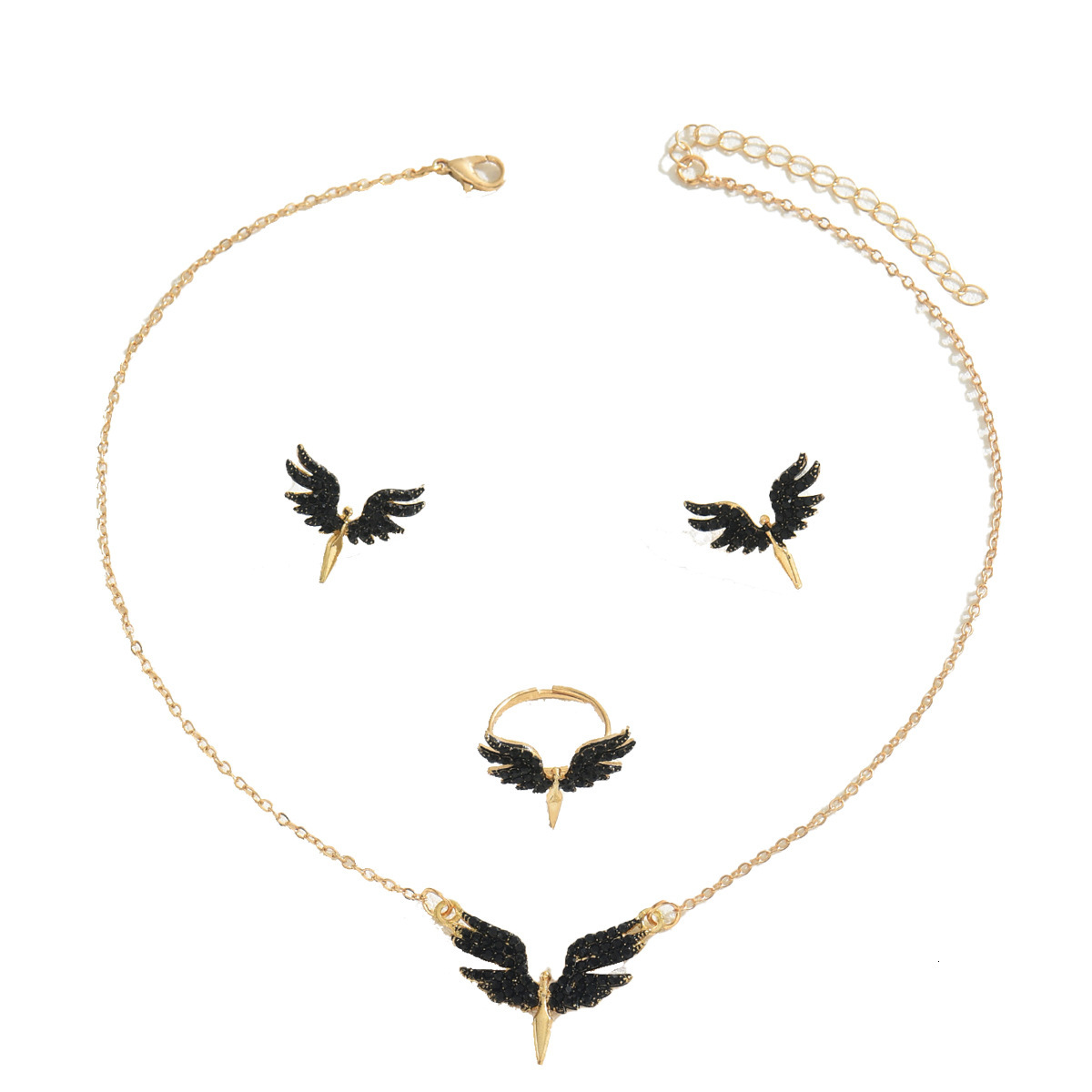 Fashion Women S Ring Set With Unique Angel Wings Oil Drop Design Earrings And Long Necklace