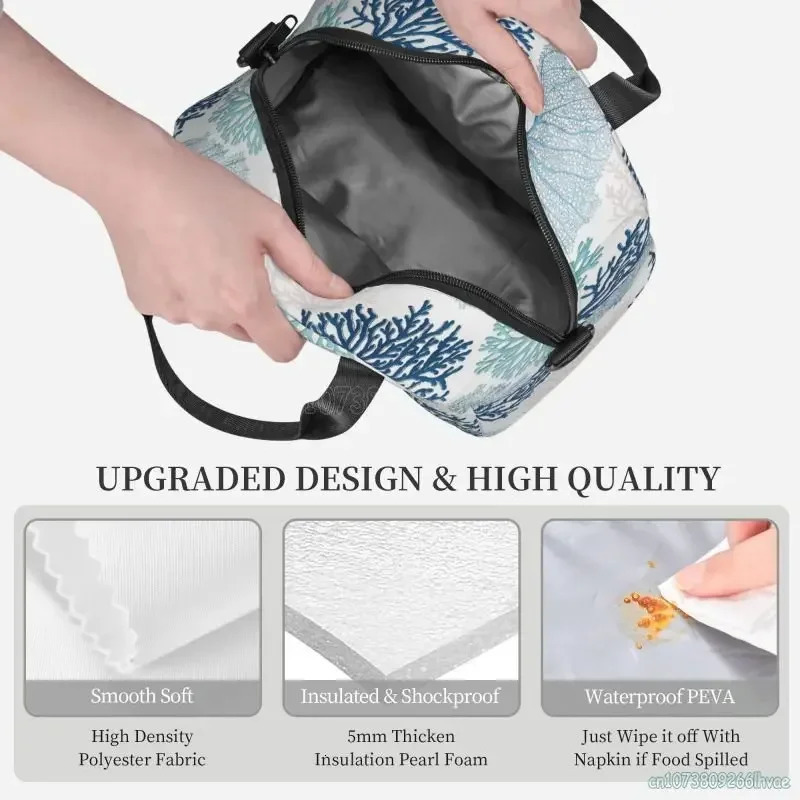 Summer Coastal Coral Branch Thermal Insulated Lunch Box for Work School Picnic Beach Food Bags Women Resuable Cooler Bento Bag 250624