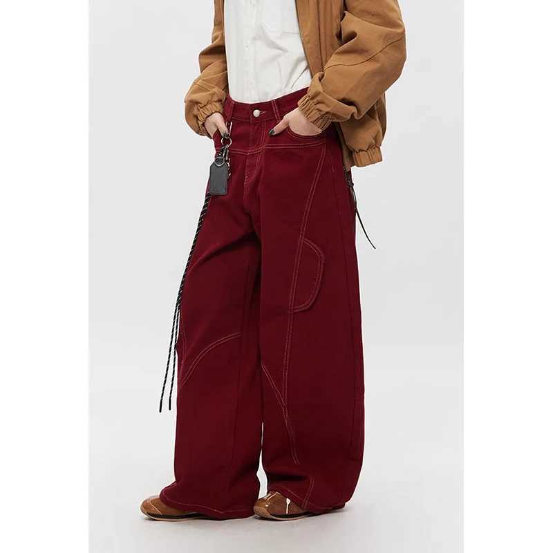 American Retro 2000s High Waist Length Red Jeans with Pockets Hip-hop Baggy Cargo Pants Mens Casual Y2K Grunge Street Denim Trouser X250625
