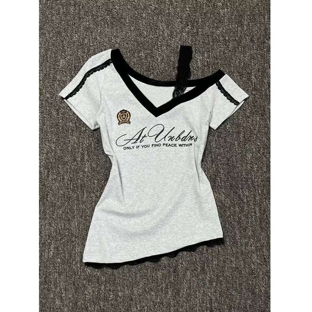White-Gray Lace Sport Sexy Summer Off shoulder Top Women Y2k V neck Short sleeve T shirt Fashion Korean Lady Basic Tees 2025 New
