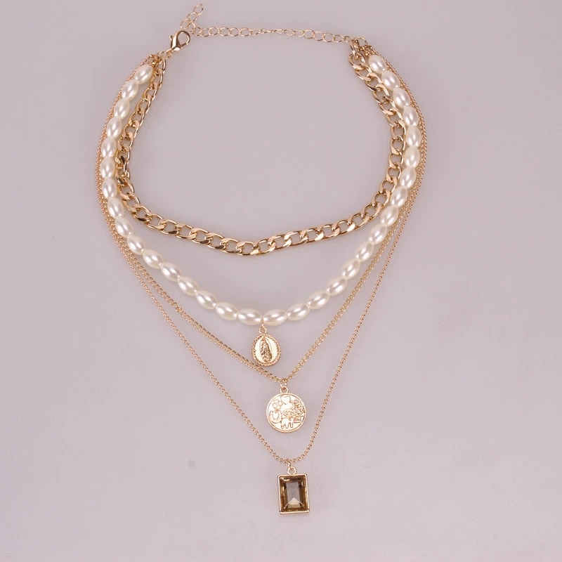 Retro Multi-Layered Mixed Coin And Gemstone Necklace, Simple Geometric Relief Portrait Necklace For Women