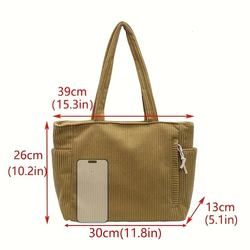 Casual Corduroy Handbag with Zipper Closure Light and Large Capacity Fixed Shoulder Strap Solid Color Daily Handbag 250609