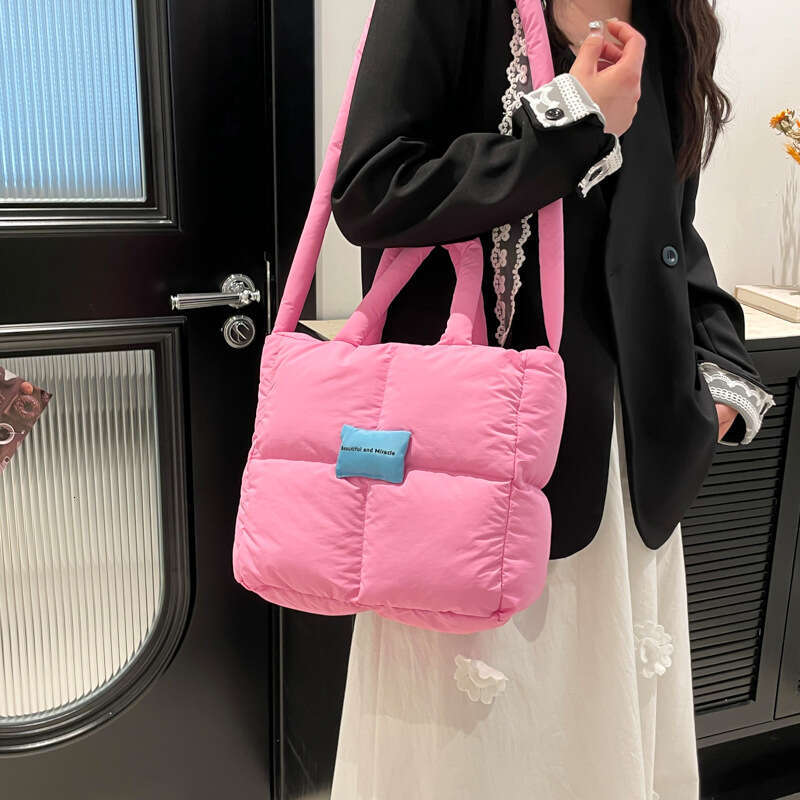 Fashion Embroidered Square Down Handbag Simple Large Capacity Crossbody Ins Dopamine Shoulder Bag for Women