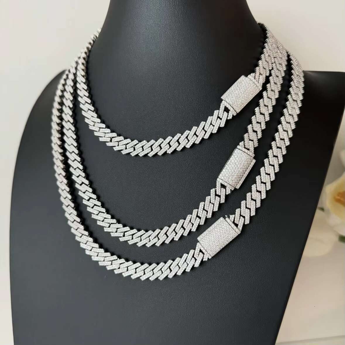 Hip Hop 925 Silver Cuban Link Chain Necklace Bracelet 10MM 2 Rows Moissanite Diamond for Men
