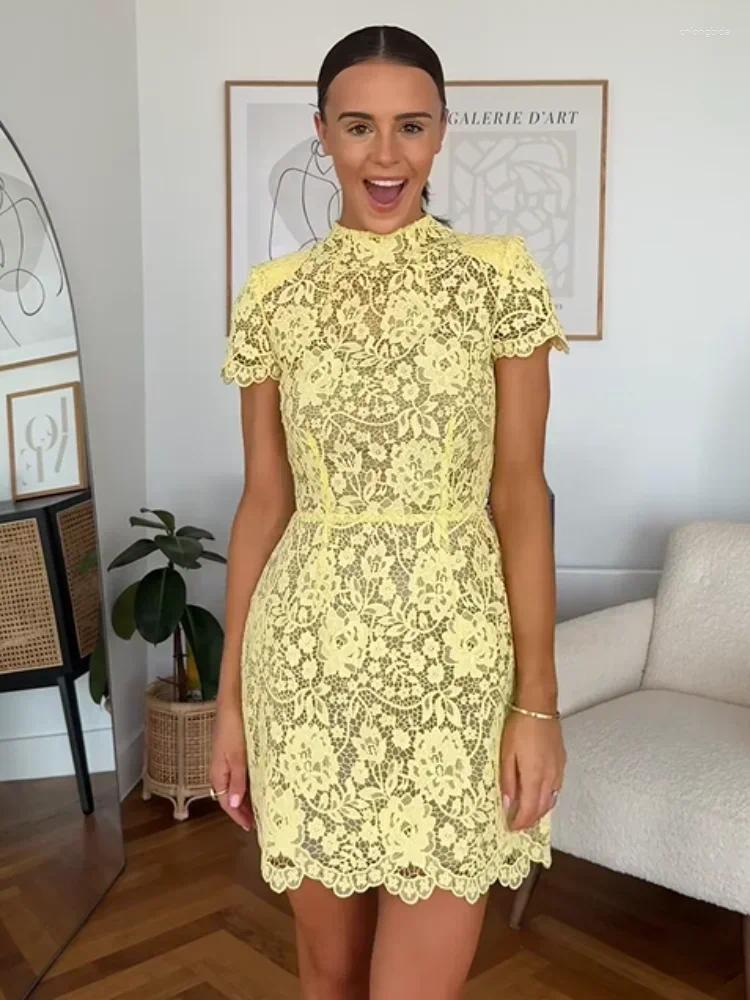 Casual Dresses Elegant Yellow Lace Slim Fit Cute Mini Vestido Women Chic Half Sleeve Round Neck High Waist Summer Lady Party Dress