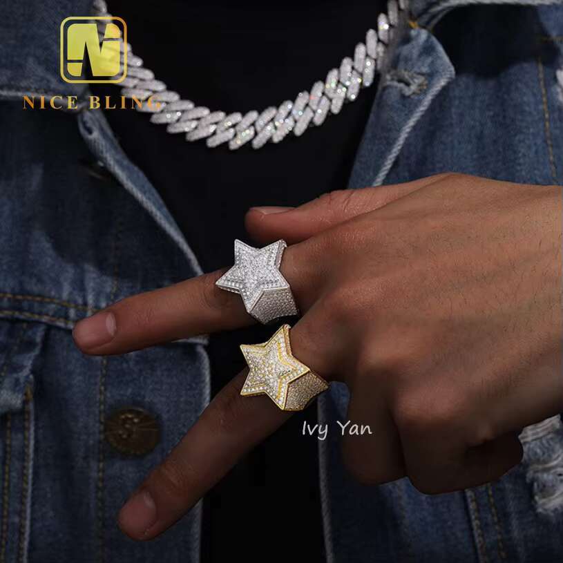 Popular Custom Star Shape Hip Hop Style Jewelry Men Ring Iced Out VVS Moissanite Diamond 925 Sterling Silver Men Women Rings