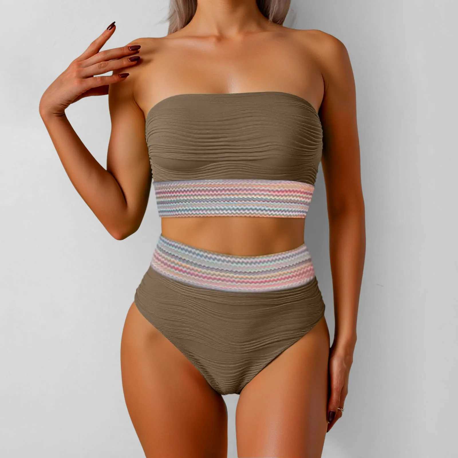Strapless Women Two Piece Swimwear Tankinis Set Patchwork Ribbed Bandeau Bikini Swimsuits Detachable Strap Women Bathing Suit XJ250624