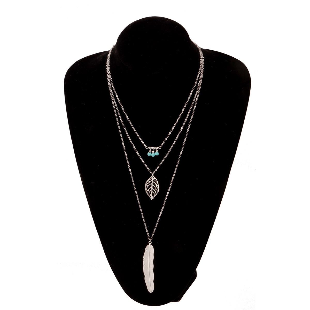 Women's Multi-layer Jewelry Fashion Versatile Turquoise Leaf Handmade Beaded Feather Pendant Necklace Jewelry for Women