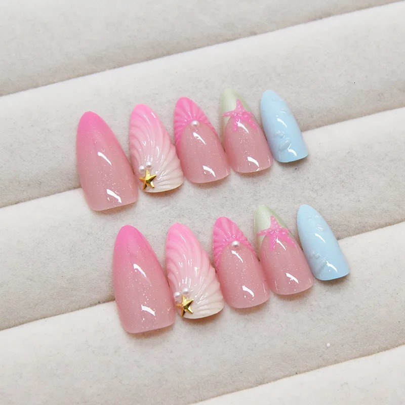 24pcs Hand-painted False Nails Summer Sea 3D Shell Starfish Fake Nail Tips Ins Gradient Pink Blue Color Almond Press On Nails 250625