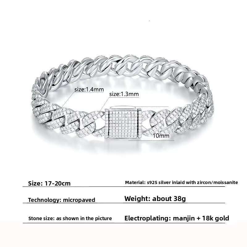 Stylish Mens 10mm Gold-Plated Cuban Chain High Quality Sterling Silver Moissanite Bracelets and Bangles