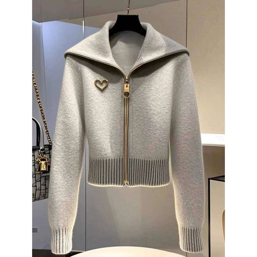 Korean Chic Gray Lapel Zipper Knitted Sweater Cardigan Women's Jacket 2025 Autumn Winter New Long Sleeve Versatile Knitwear Tops