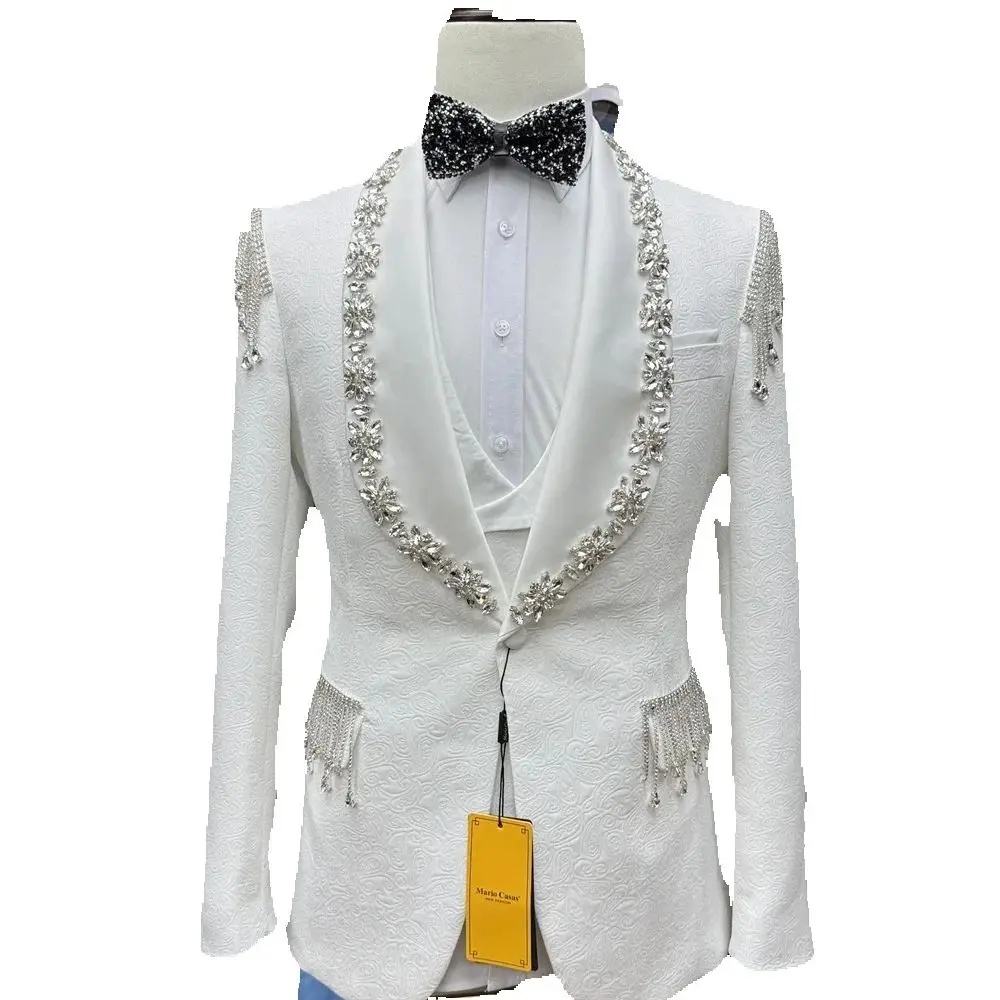 Luxury Crystal Men Suits Tailor-Made 2 Pieces Set Shawl Lapel Jacquard Jacket Rhinestone Tassel Blazer One-Button Customized Coat Pants Plus Size