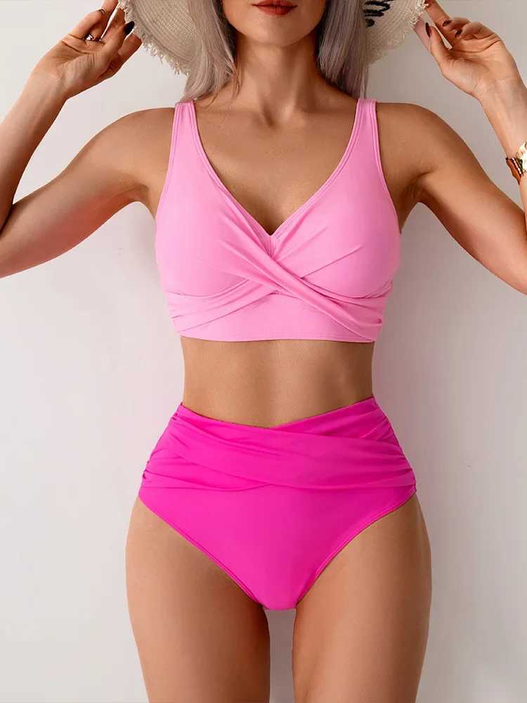 2025 New Summer Swimwear Bikini Set Sexy High Waist V Neck Bikini 2 Piece Set Women Split Swimsuit Beach Backless Bikini XJ250624