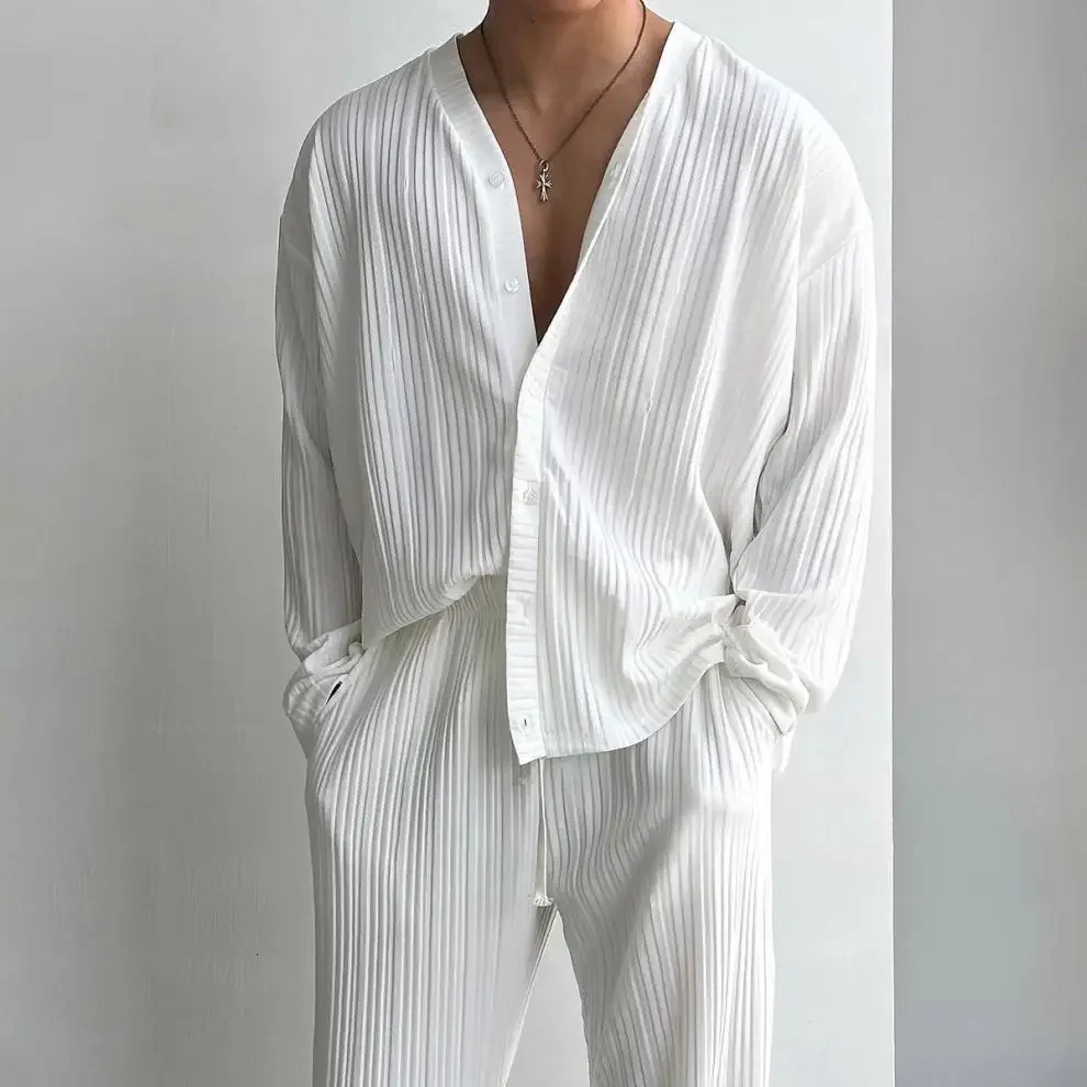 Thin Solid Color Sexy Deep V Cardigan Knitted Sweater Shirt Casual Fashion Suit Twopiece Sets for Men 250618