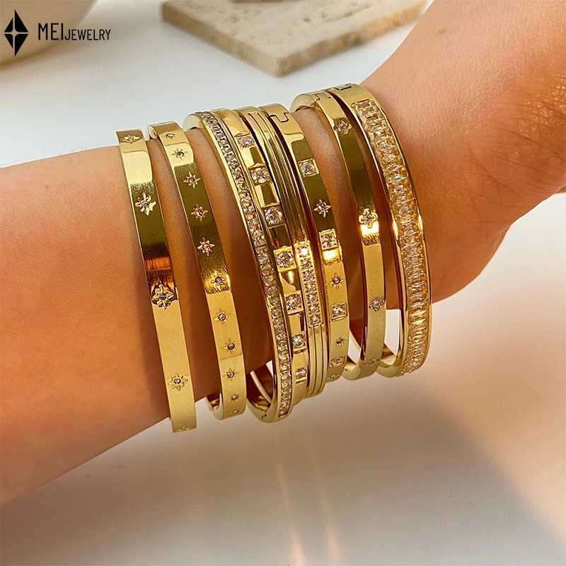 Light Luxury Style Flower Hexagonal Star Buckle Bangle Stainless Steel Jewelry Inlaid Cubic Zirconia Bracelet For Wen X250625