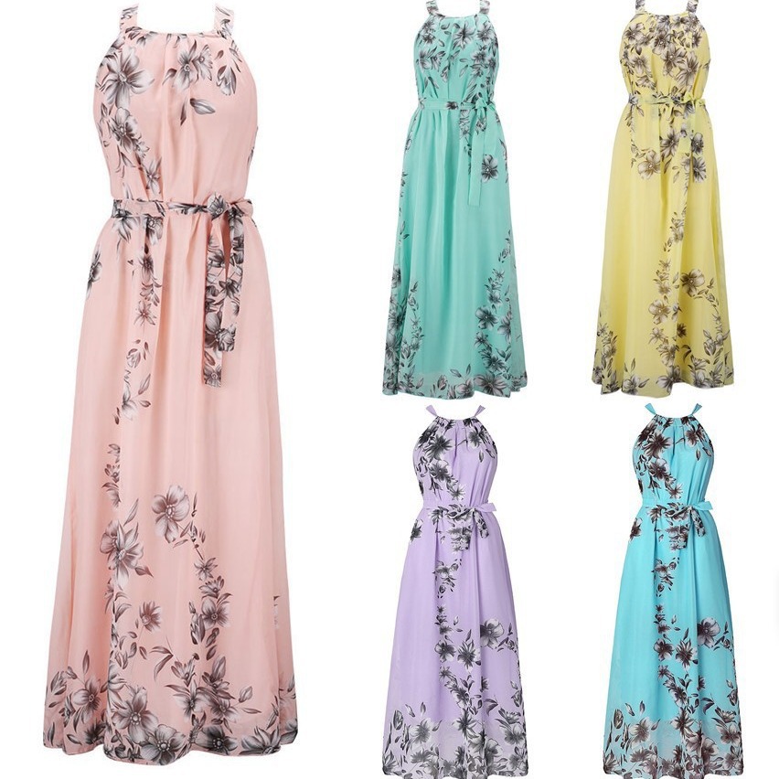 F625Women's Bohemian Printed Chiffon Dress Beach Long Dress