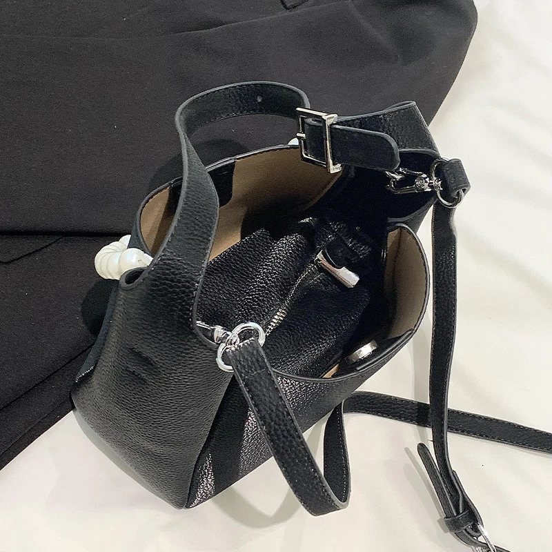 Summer Fashionable High Quality Soft Leather Bucket Bag Womens Shoulder Bag Handbag Pearl Light 250623