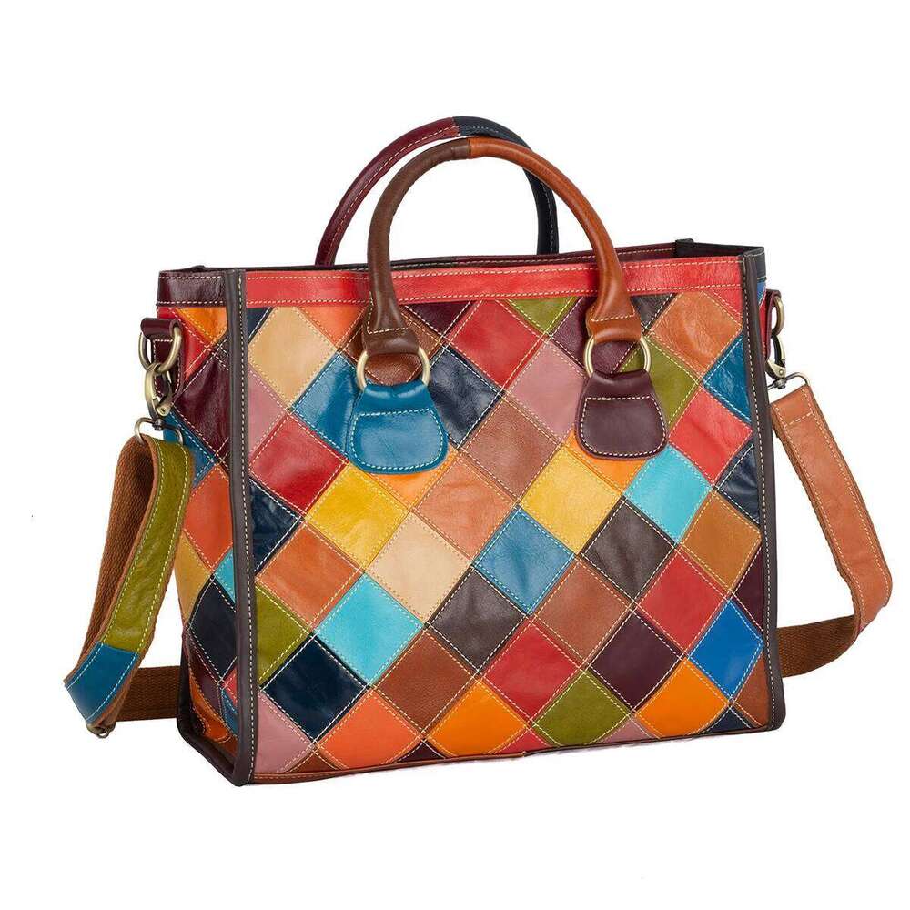 Genuine Oil Wax Leather Cowhide Plaid Splicing Color Random Contrasting Casual Personality Handbag Tote Women's Bag