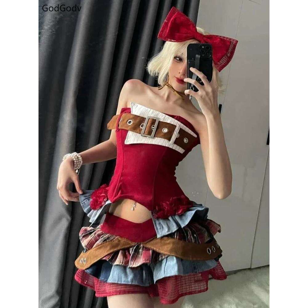 Preppy Vintage Red Denim Bustier Tops + Sweet Spicy Pure Design Mini Cake Skirt Women 2 Piece Sets Summer 2025 Korea Style