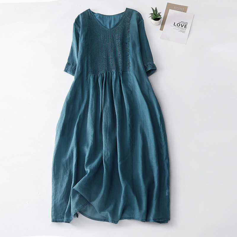 Casual Dresses Plus Size Cotton Linen For Women Spring Summer 3/4 Sleeve White Loose T Shirt Pullover Long