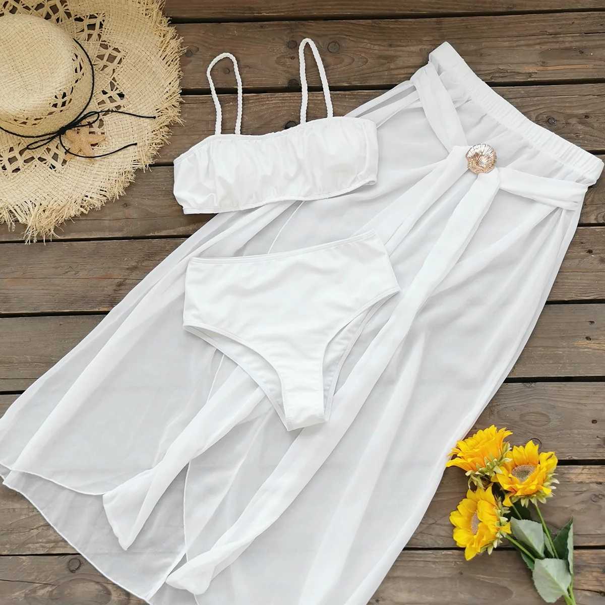 2025 Fashion Pleats Bikini And Long Skirt Women 3Pcs Swimsuits Sexy Lady Biquini Dresses Set Vacation Beachwear Female OutfitsXJ250624