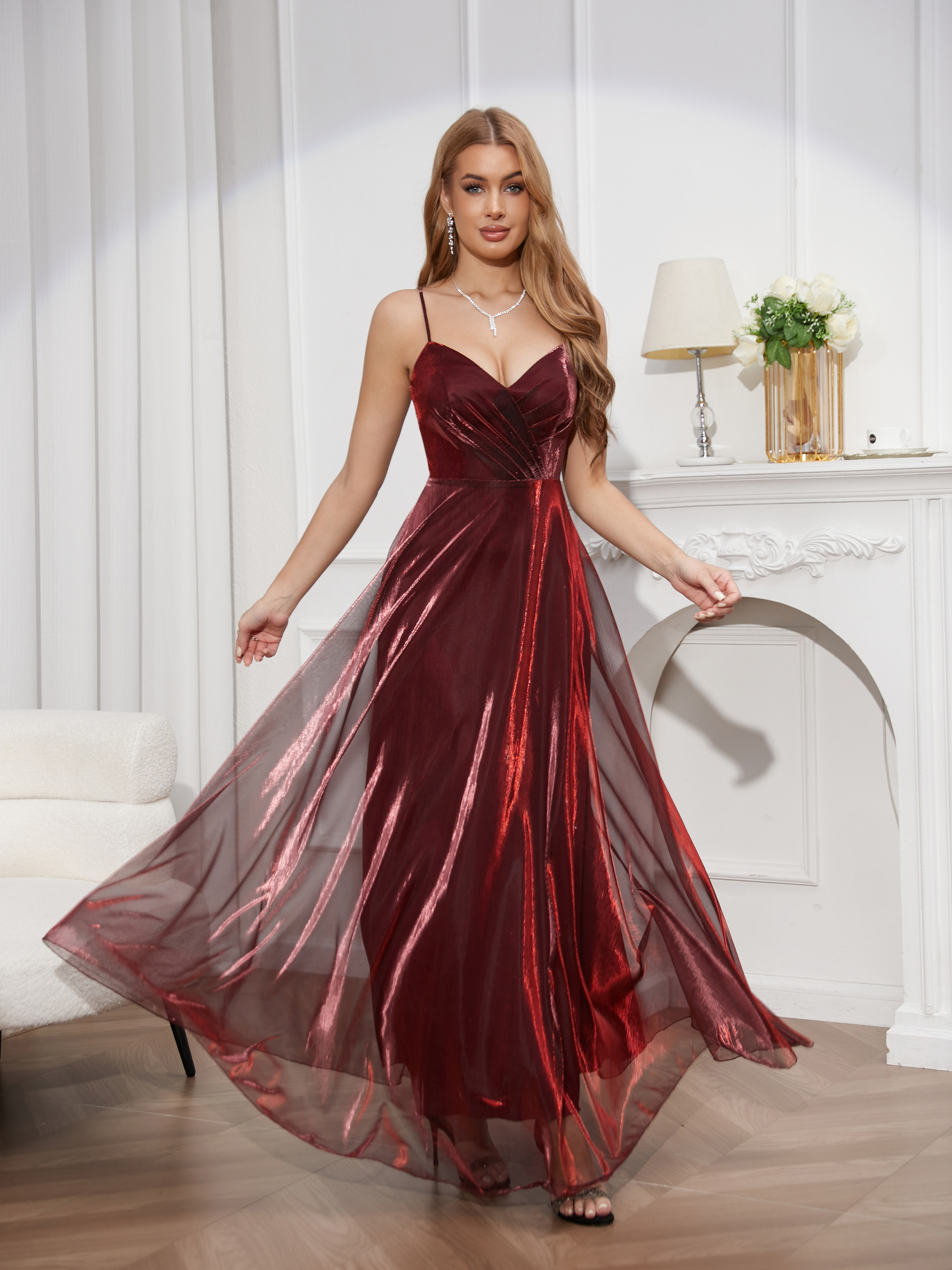 Prom dress, shiny fabric, bottom-flush back strap, sexy deep V sling dress, elegant tulle dress, prom dress