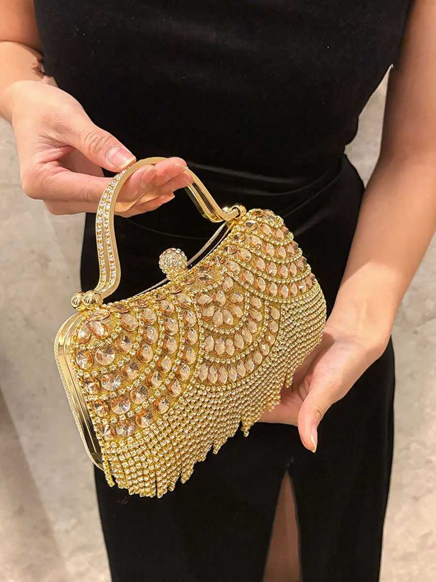 Diamond Evening Clutch Bag Golden Tassel Handbag Boutique Novelty Metallic Rhinestone Purses And Handbags Bridal Wedding Party M250625