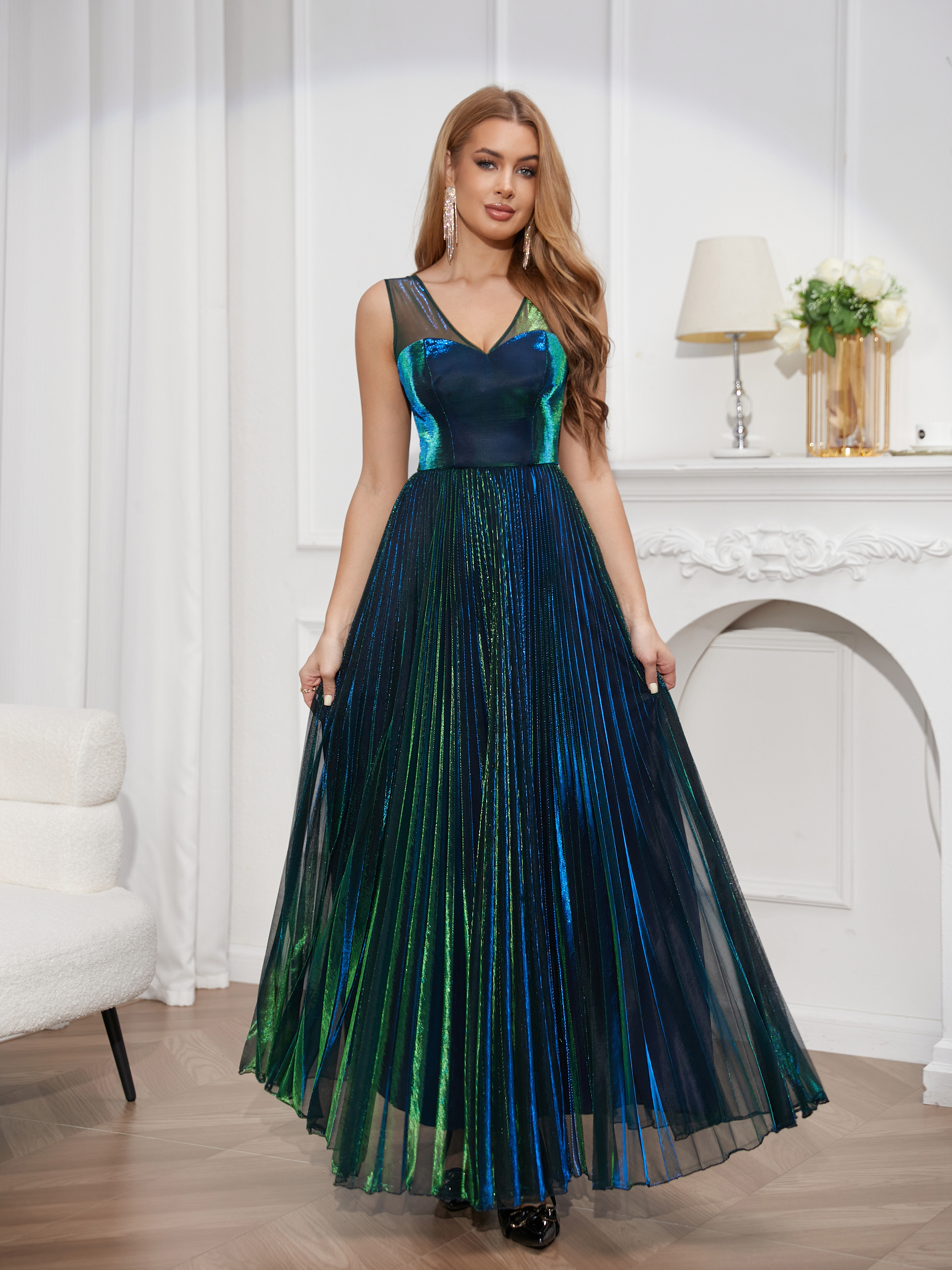 prom Ball dress fashion pleated sexy deep V sling dress tulle dress ball dress bridesmaid dress Prom Dresses