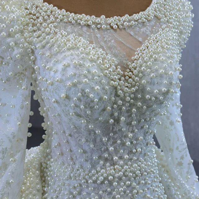 Elegant A Line Women Wedding Dress Jewel Neck Long Sleeves Bridal Gowns Sequins Pearls Detachable Train Dress Custom Made vestidos de novia
