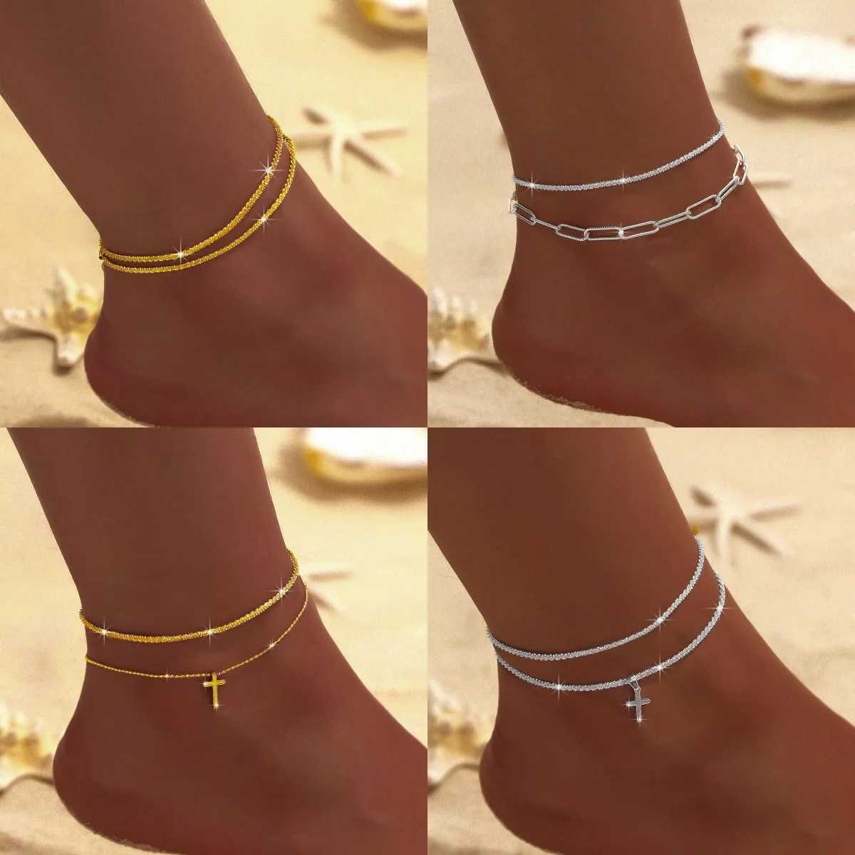 Summer Shiny Sparkling Simple Silver Color Anklet Zircon Cross Love Pearl Double Layer Bracelet On Leg Foot Trendy Beach Jewelry U250624
