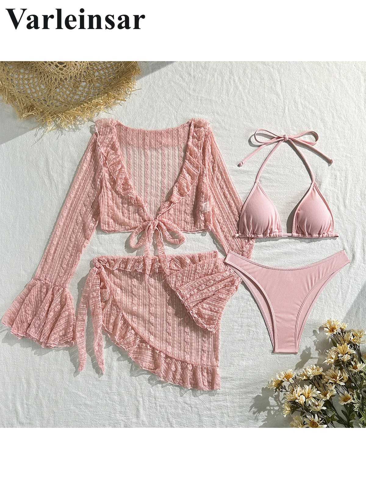 10 Colors With Sarong Long Sleeve Bikini Women Swimwear Female Swimsuit Four-pieces Bikini set Bather Bathing Suit Swim V6338E XJ250624