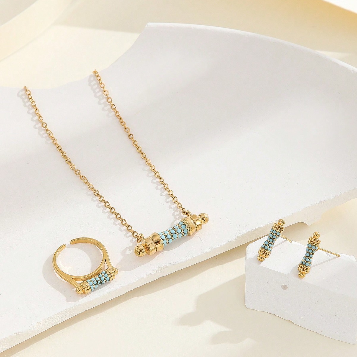 New American Style Light Finger Ring Necklace Earring Set Personality Acrylic Inlaid Small Waist Design Clavicle Chain